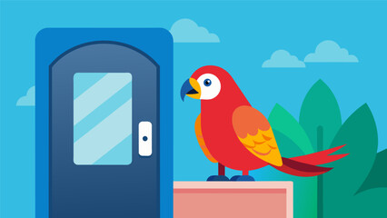 A proud parrot perched on top of an electronic pet door waiting for its owner to activate the sensor.. Vector illustration