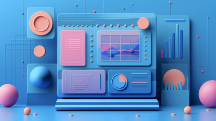 illustration of graphs and charts 3d render graph elements blue background, PPT page design