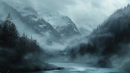 Lake panorama in a foggy morning with glaciers mountain and reflection