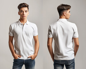 Front and back views of a man wearing a white polo shirt mockup template