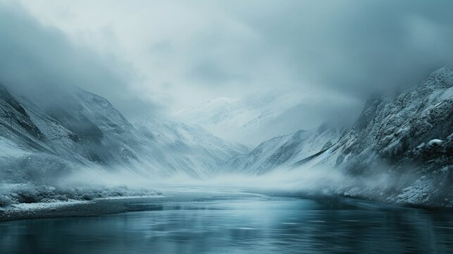 Lake panorama in a foggy morning with glaciers mountain and reflection