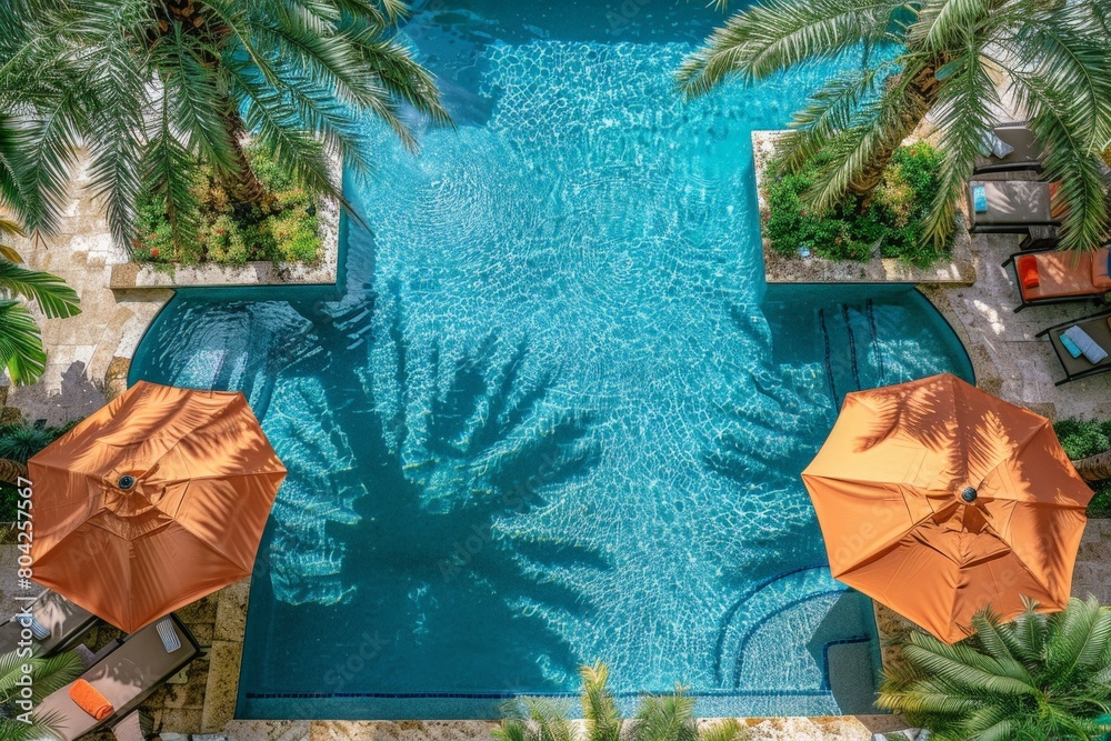 Poster A view from above showing a pool area with several umbrellas shading lounge chairs, surrounded by lush palm trees