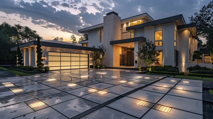 A sleek luxury home with a driveway that features kinetic floor tiles generating energy