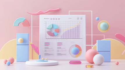 3d render colorful graph elements pink background, PPT page design, multiple content plates, chart data comparison, retro futuristic style, minimalism, minimalist color matching, 3D elements