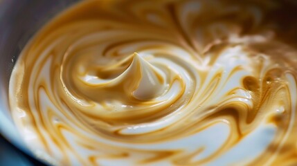 The swirling patterns of milk mixing with espresso in a close-up shot of a Cortado, super realistic