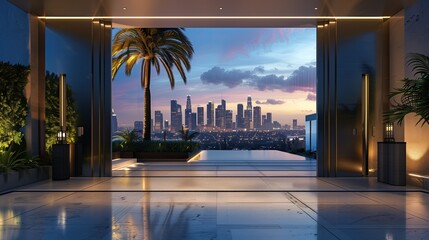 A sleek luxury home with a front door that opens to a panoramic view of the city skyline