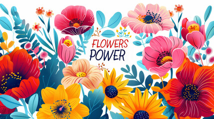 A vibrant bouquet of colorful flowers with the text Flowers Power prominently displayed - Powered by Adobe