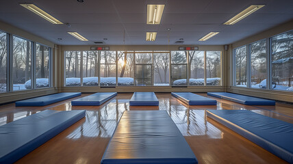 This Fitness haven: Room set for group classes, blue mats ready for action, exuding gym ambiance.