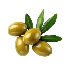 Green olives with leaves isolated on white or transparent background