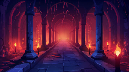 Cartoon illustration of Medieval castle underground endless long catacombs corridor with stone arch and pillars torches, Mystical nightmare concept