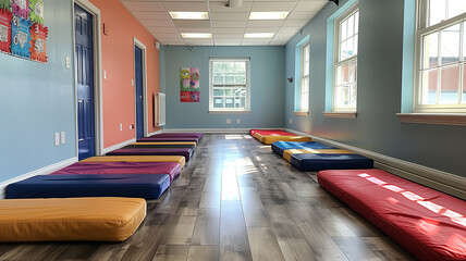 This Fitness hub: Vibrant room in club set for group classes, colored mats adding energy to the space