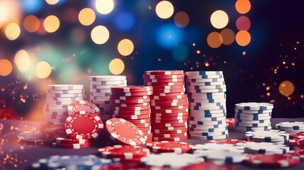 Poker chips, Casino cards game, gambling concept banner, playing cards, casino chips, online money games, entertainment leisure concept, concept casino jackpot, playing cards in on blurry background.