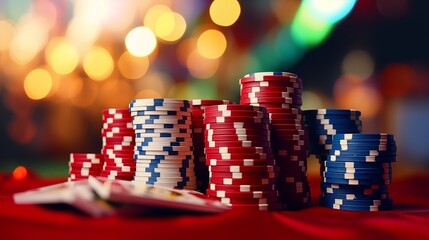 Poker chips, Casino cards game, gambling concept banner, playing cards, casino chips, online money games, entertainment leisure concept, concept casino jackpot, playing cards in on blurry background.