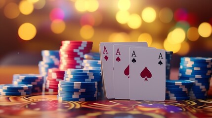 Poker chips, Casino cards game, Internet gambling concept, playing cards in on blurry background. Casino banner.