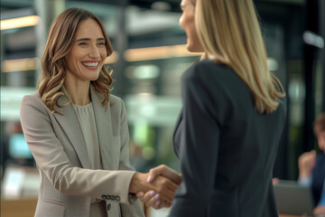 Happy mid aged business woman manager handshaking greeting client in office