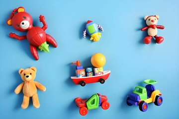 Fototapeta premium Different toys on blue wall background