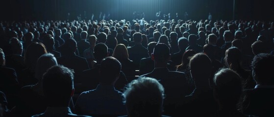 Hundreds of corporate attendees watch an innovative and inspiring keynote presentation in a dark conference hall.