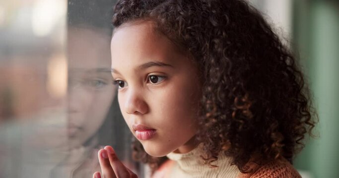 Thinking, sad and girl child with depression for bullying trauma or mental health crisis of lonely orphan in home. Unhappy kid, reflection and stress for anxiety, mistake and regret abuse on window
