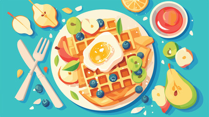Delicious waffles with pear slices on plate 2d flat