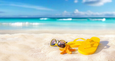 Summer beach background. Beach accessories - sunglasses, starfish, yellow flip-flops on sandy tropical beach against blue sky on bright sunny day.