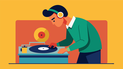 Focused and intent a person uses a record cleaning machine to deeply clean each groove of a vinyl record rejuvenating its sound quality. Vector illustration