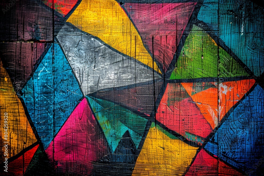 Poster an abstract painting featuring vibrant triangles in various colors arranged on a wooden background