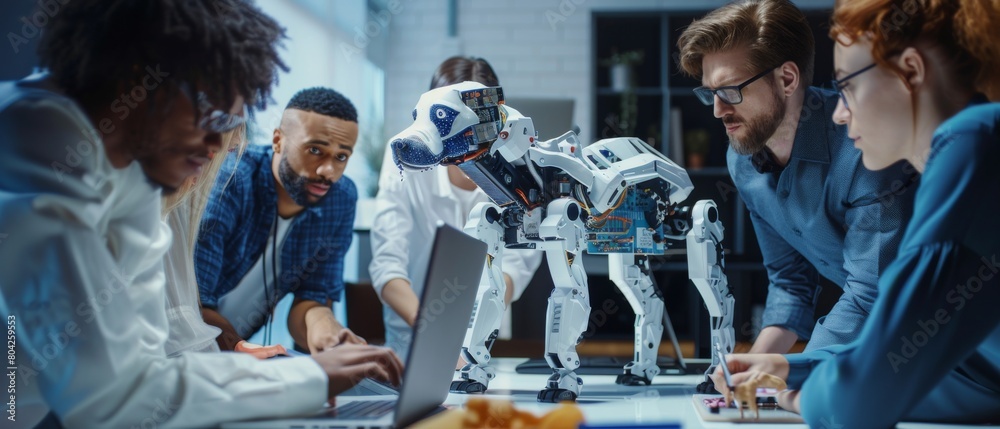 Poster an international team of industrial robotics engineers gather around a table with a robot dog. scien