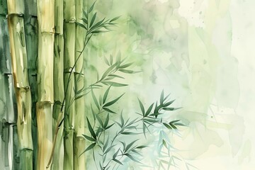 Bamboo stalks, vector illustration with watercolor shading, deep greens, vertical perspective
