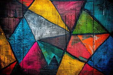 An abstract painting featuring vibrant triangles in various colors arranged on a wooden background