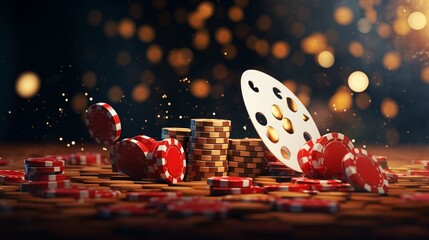 Realistic casino background. Flying chips, gold coins and dice.