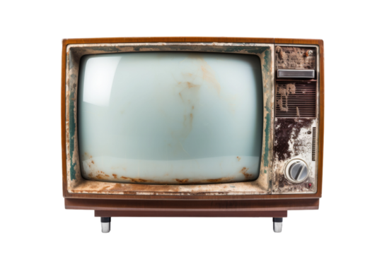 The Nostalgic Relic: Old TV Resting on Vintage Wooden Stand. On a White or Clear Surface PNG Transparent Background.