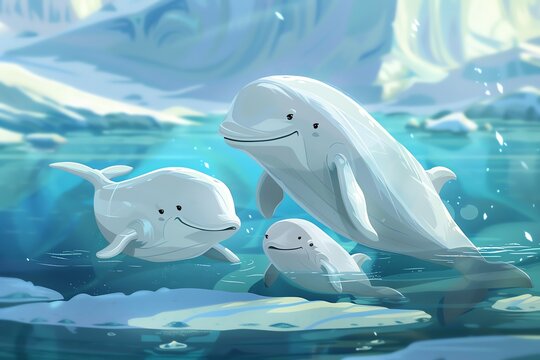 Beluga whale family, cartoon vector, friendly expressions, icy Arctic setting, eyelevel perspective