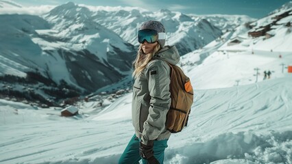 woman - snowboarder against the background of snowy mountains and ski resort. - obrazy, fototapety, plakaty