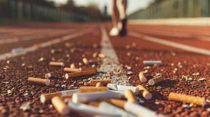 Cigarette butts strewn on a running track, a reminder of the smoking dilemma