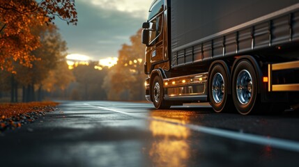 A big driving fast truck with a red trailer and other cars on a countryside road with autumn trees against a blue sky with a sunset