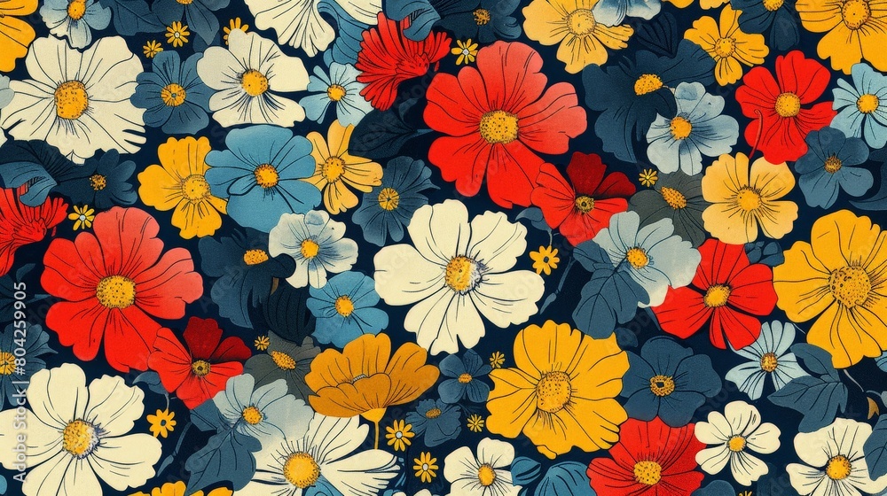 Poster bright and vibrant flowers arranged in a pattern against a dark background