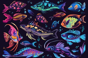 Deepsea fish assortment, vector cartoon, bioluminescent features, dark background, from below