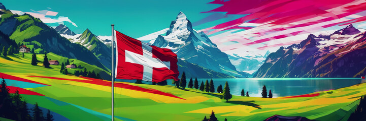 Celebrating the anniversary of Switzerland's Independence Day. The Swiss flag. nature of Switzerland