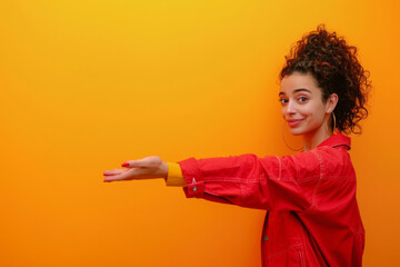 Smiling young woman in a trendy red jacket playfully extending her hand as if presenting or displaying an invisible product against a vibrant orange backdrop
