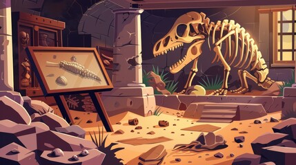 A dinosaur skeleton is on display in a museum