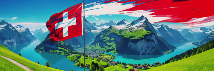 Celebrating the anniversary of Switzerland's Independence Day. The Swiss flag. nature of Switzerland