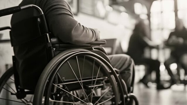 A disabled man is sitting in a wheelchair at cafe. He holds his hands on the wheel. Guy sit in wheel chair at coffee shop. Sad black and white photo. Depression concept.
