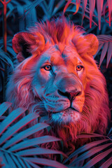 A lion is standing in a jungle with a red and blue background