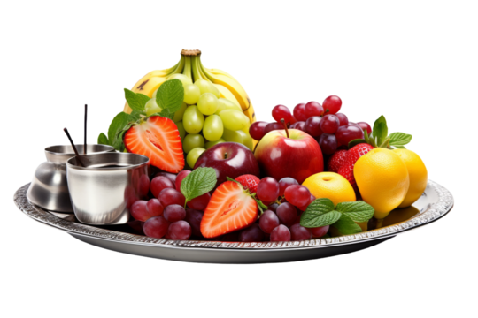 Vibrant Harvest: A Bountiful Platter of Fresh Fruits With a Dash of Seasoning. On a White or Clear Surface PNG Transparent Background.