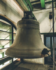 Large metal vintage bell at an old mosque in Hooghly, West Bengal, India in January 2023....