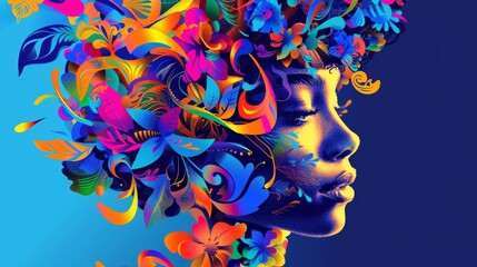 A colorful painting of a woman's face with flowers and leaves