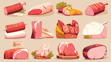 Different kinds of meat collection. Pork meat veal