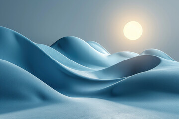 blue and white snowy landscape with a bright sun in the distance