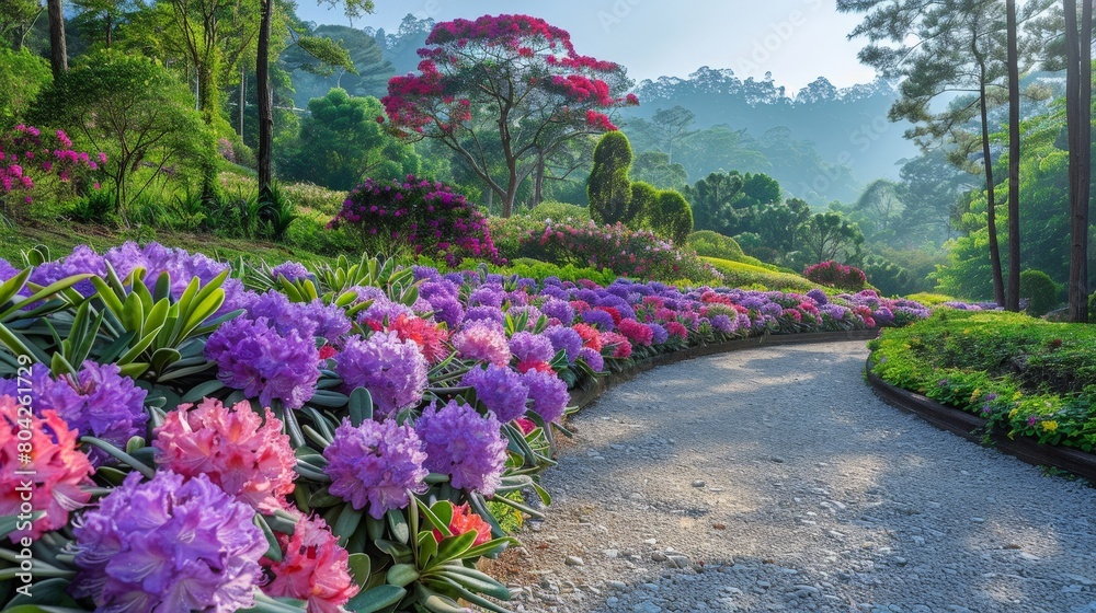 Poster A path winds through a garden surrounded by vibrant purple flowers, creating a colorful and inviting atmosphere