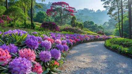 A path winds through a garden surrounded by vibrant purple flowers, creating a colorful and inviting atmosphere